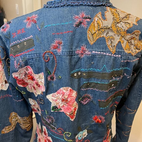 Chico's Beaded & Sequined Patchwork Denim Jacket, Size 0 (US Small/4) - Picture 9 of 15